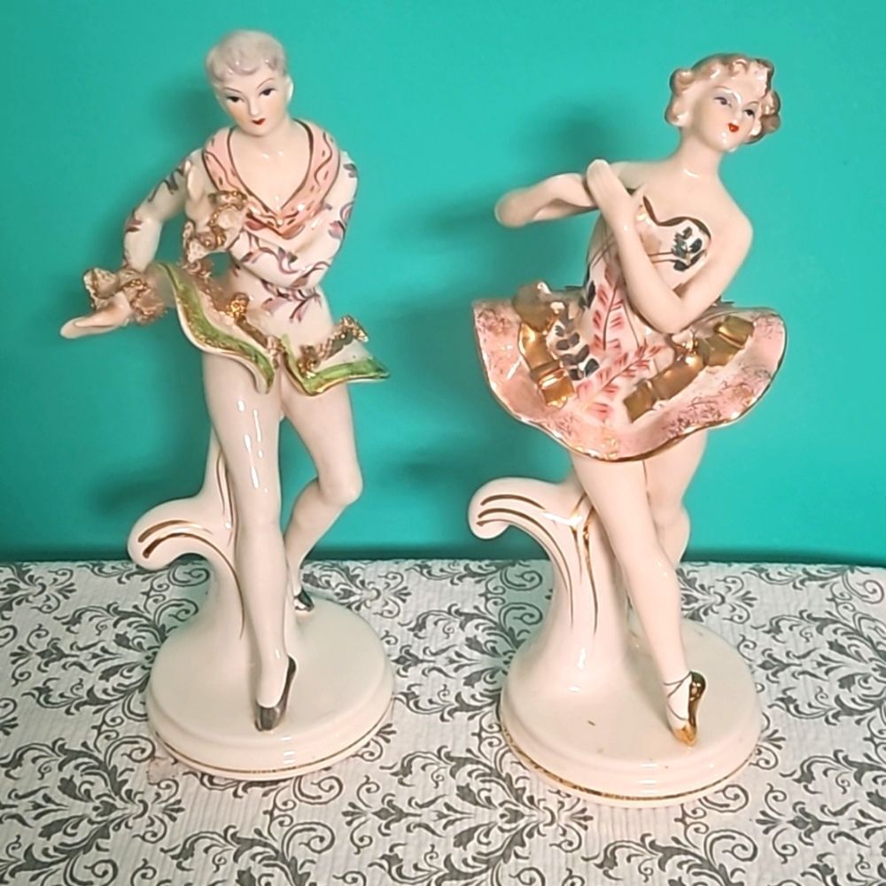 Vintage 80's Pair Venetian Ballerina Porcelain Figural Regency Dancer Kitch